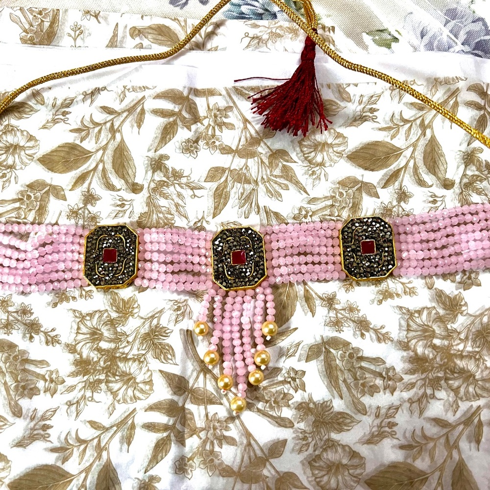 Brand New!Stunning Rose Quartz Necklace embedded w Rubies &Dark grey stones - Picture 6 of 16